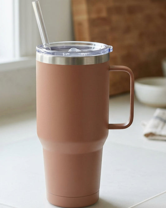 Vlykb Sidehold Insulated Tumbler 32 oz Clay Handle Straw Lid - Lifestyle view