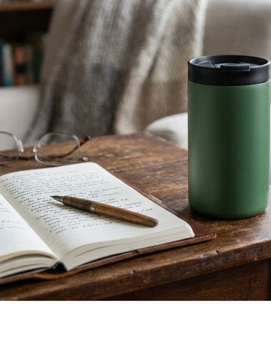 Vlykb Threadlock Insulated Travel Mug 14 oz Forest Sip Lid - Lifestyle view